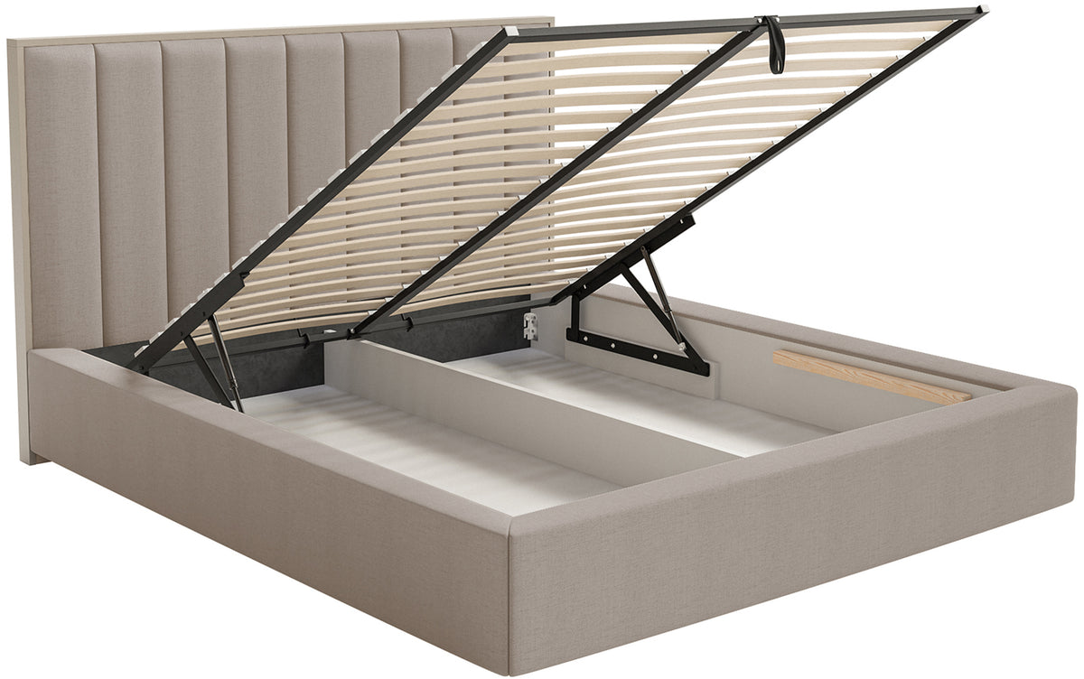 Lit tapissé 160x200 cm Togents avec rangement et éclairage LED, cadre métallique, tissu chenille hydrofuge marron