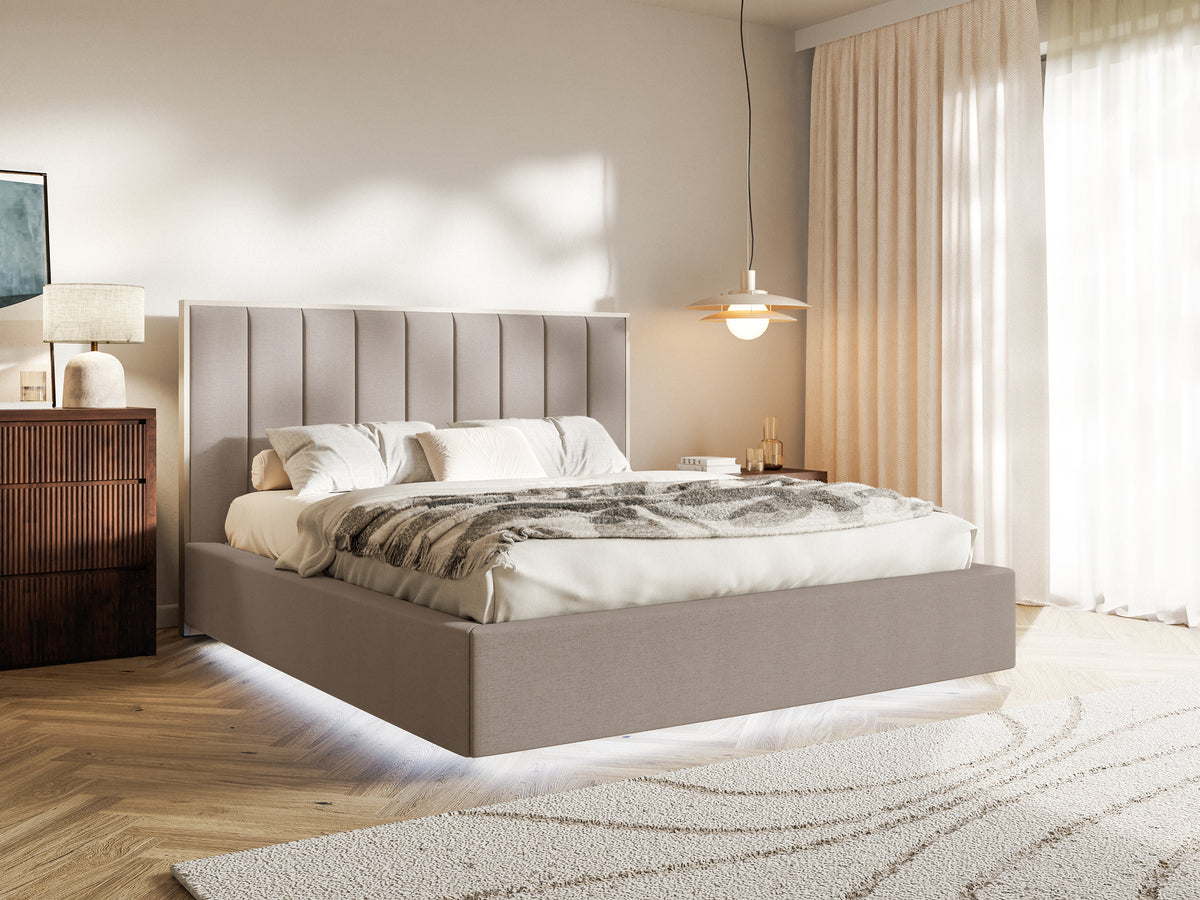 Lit tapissé 140x200 cm Togents avec éclairage LED, tissu chenille hydrofuge marron