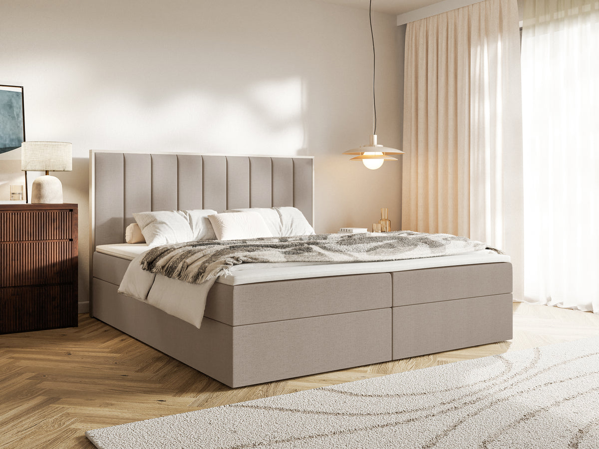 Lit continental 180x200 cm Togents avec rangements et surmatelas, tissu chenille hydrofuge marron