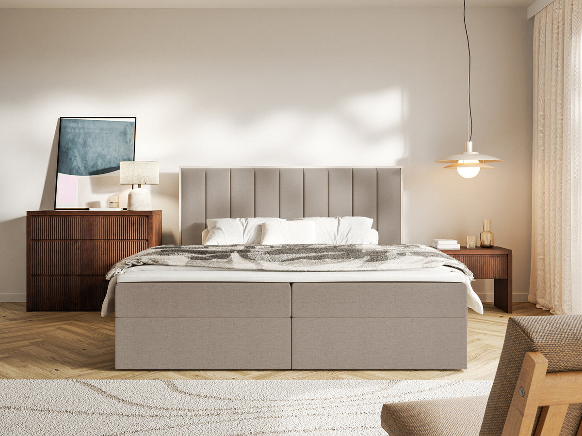 Lit continental 180x200 cm Togents avec rangements et surmatelas, tissu chenille hydrofuge marron
