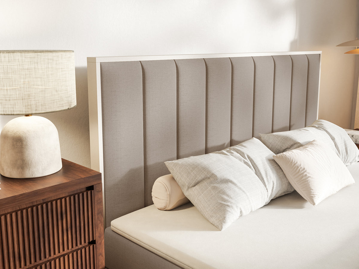 Lit continental 180x200 cm Togents avec rangements et surmatelas, tissu chenille hydrofuge marron