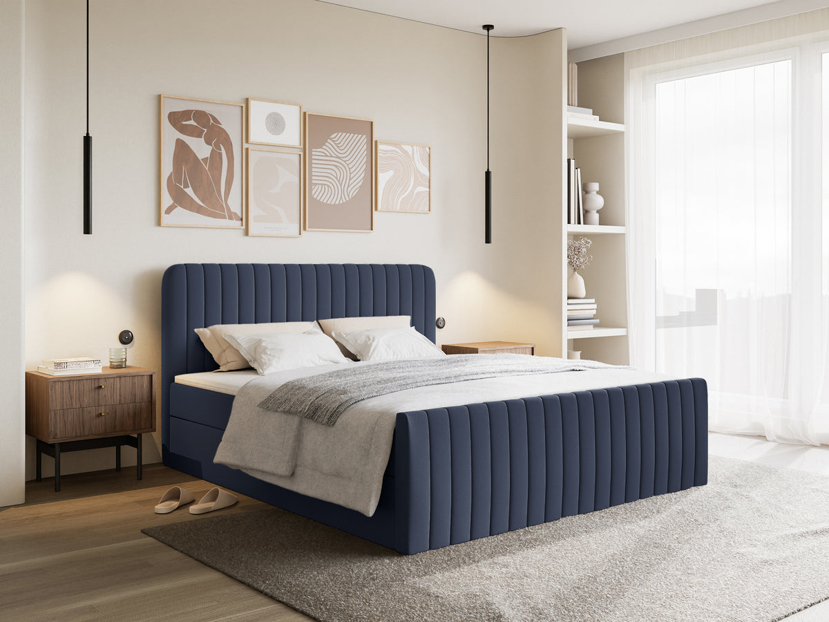 Kontinentales Bett 140x200 cm Saliano mit Stauraum und Topper, marineblauer hydrophober Chenillestoff