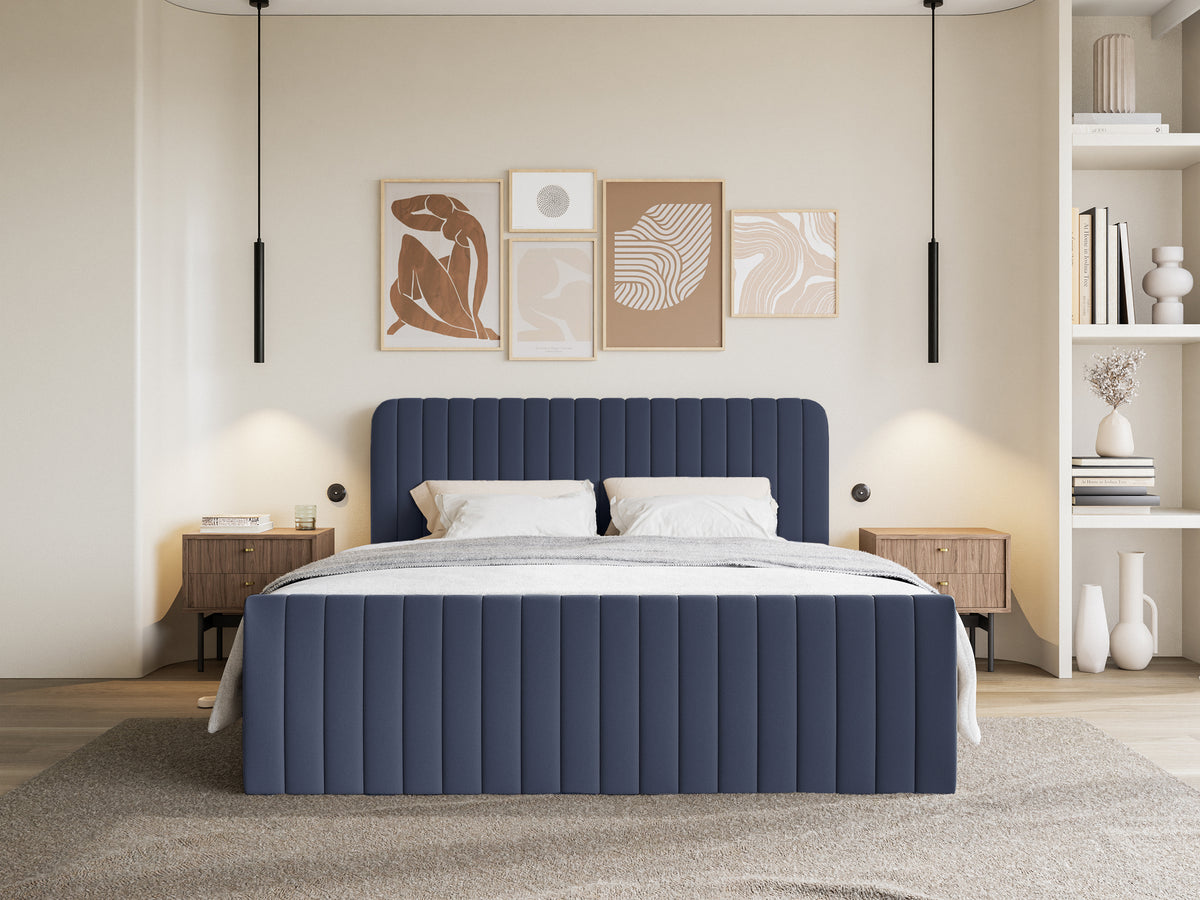 Kontinentales Bett 140x200 cm Saliano mit Stauraum und Topper, marineblauer hydrophober Chenillestoff