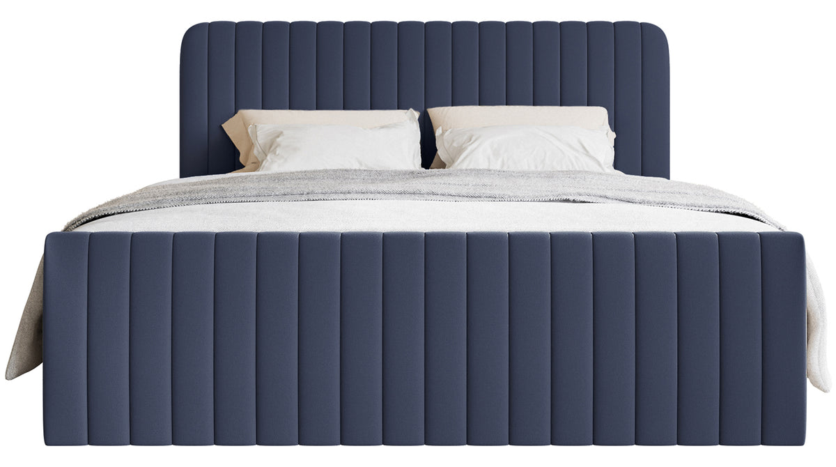 Kontinentales Bett 140x200 cm Saliano mit Stauraum und Topper, marineblauer hydrophober Chenillestoff