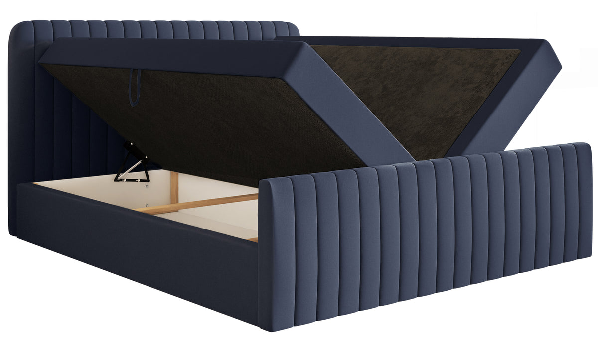 Kontinentales Bett 140x200 cm Saliano mit Stauraum und Topper, marineblauer hydrophober Chenillestoff