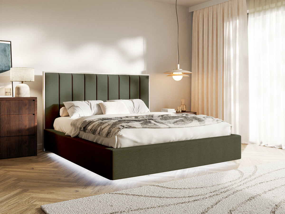 Polsterbett 140x200 cm Togents mit Stauraum und LED-Beleuchtung, Metallrahmen, dunkelgrüner hydrophober Chenillestoff