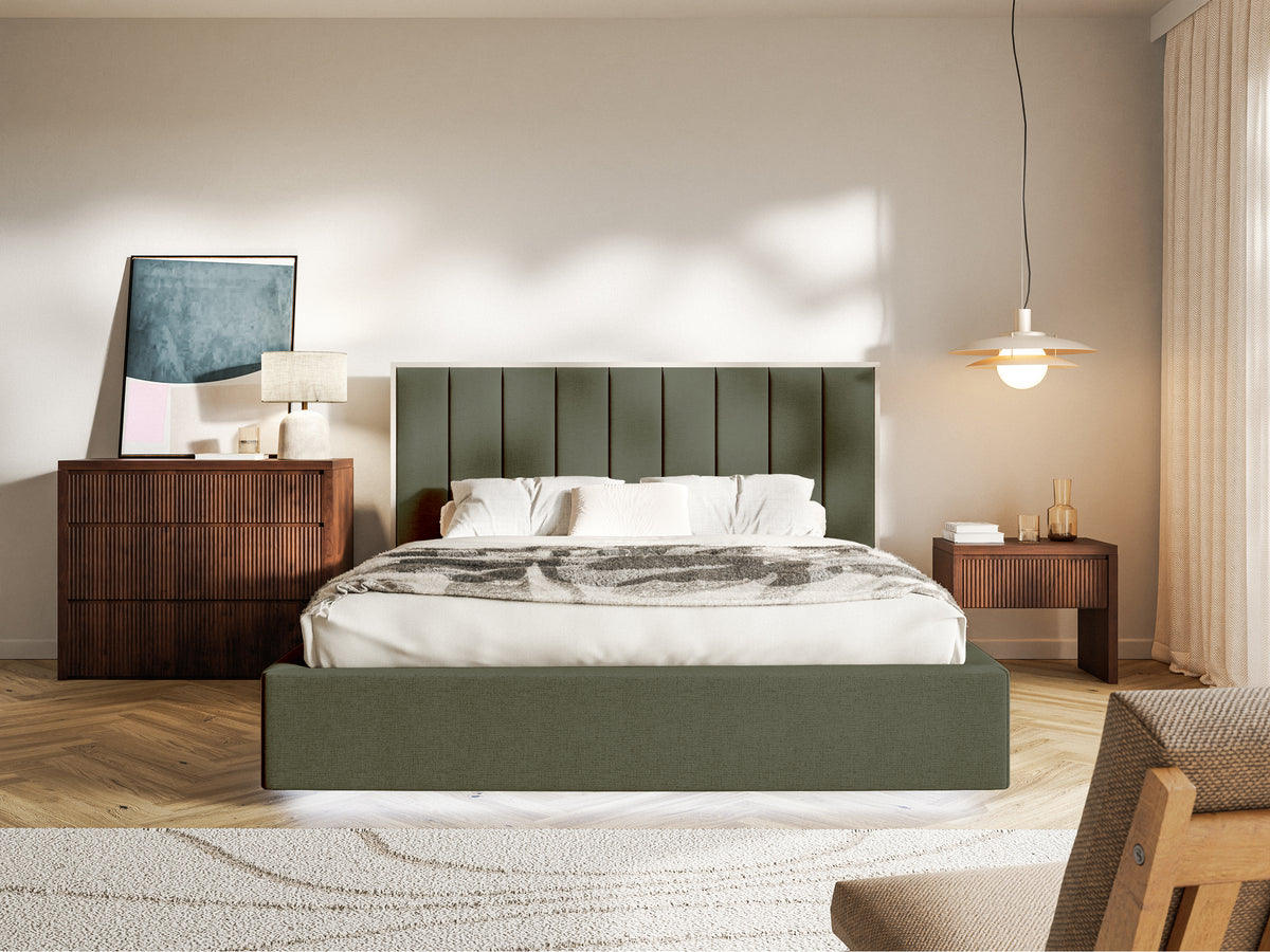 Polsterbett 140x200 cm Togents mit Stauraum und LED-Beleuchtung, Metallrahmen, dunkelgrüner hydrophober Chenillestoff