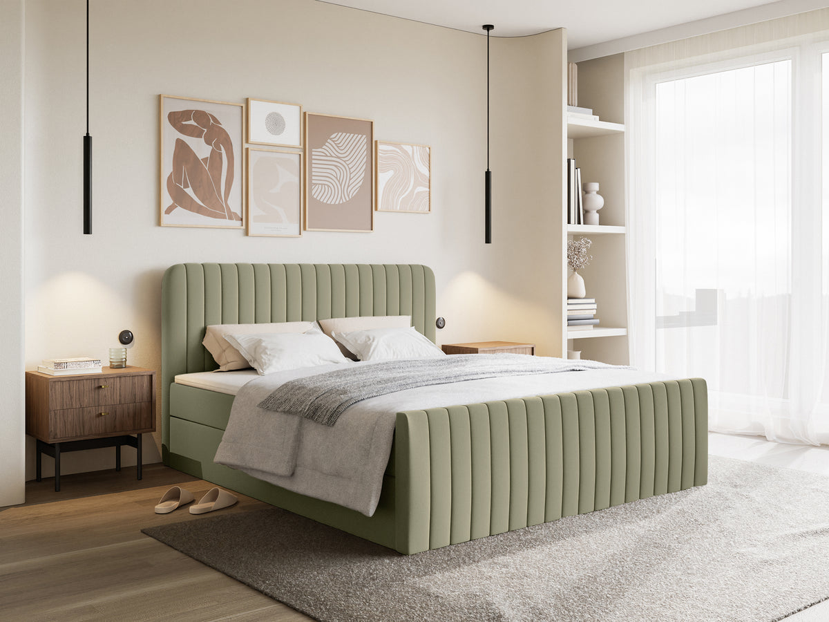 Lit continental 160x200 cm Saliano avec rangements et surmatelas en chenille hydrofuge olive