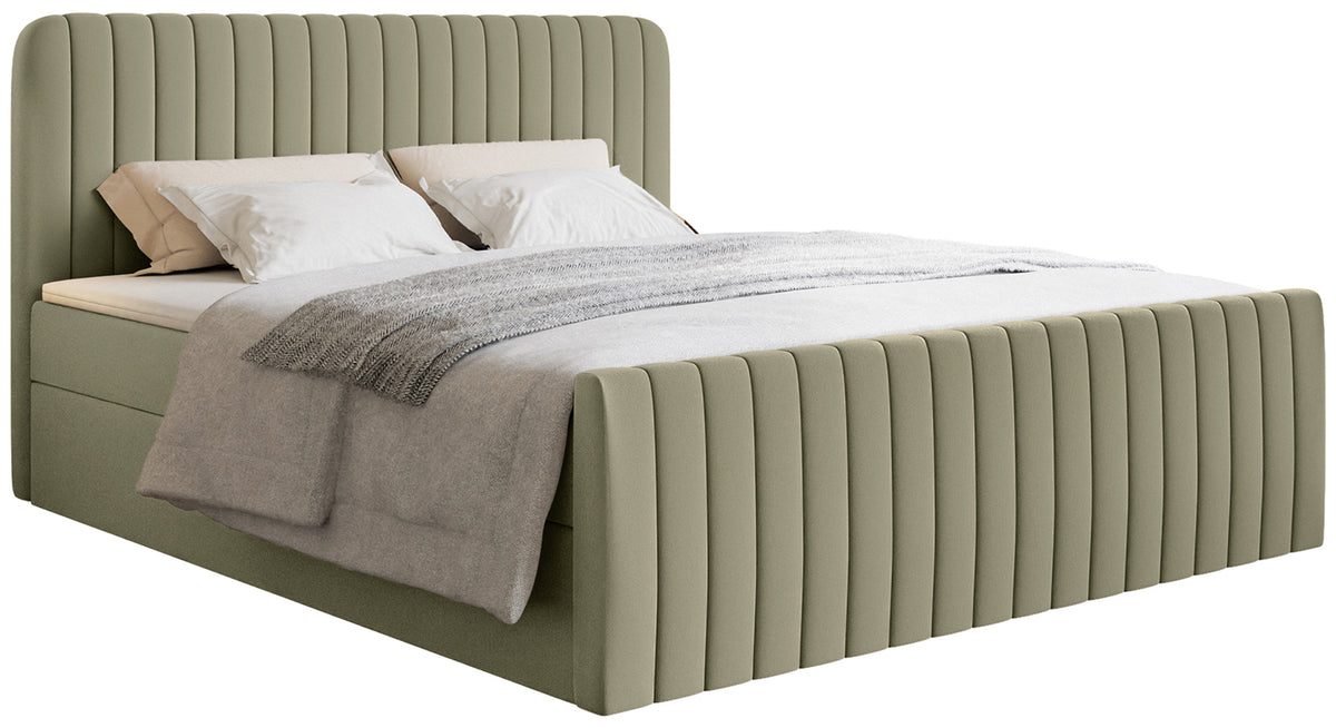 Lit continental 160x200 cm Saliano avec rangements et surmatelas en chenille hydrofuge olive