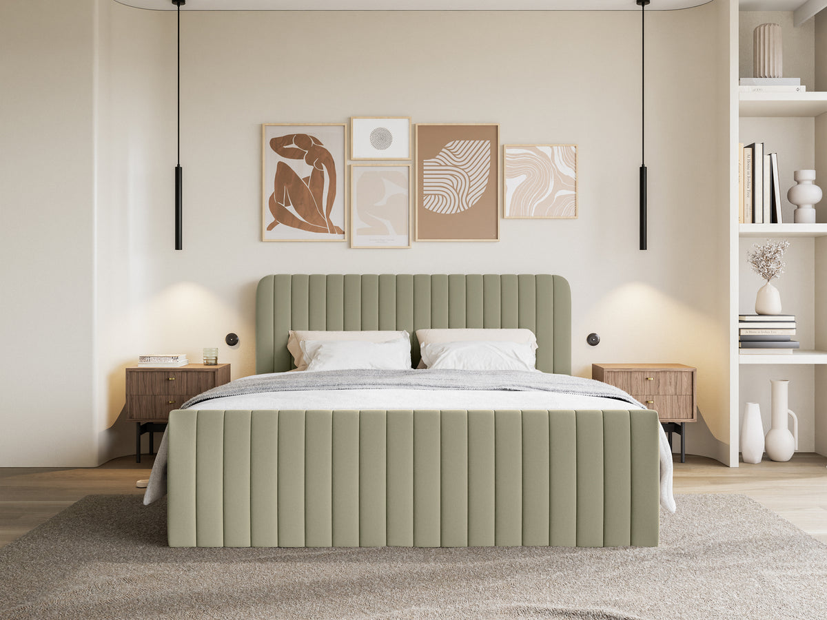 Lit continental 160x200 cm Saliano avec rangements et surmatelas en chenille hydrofuge olive