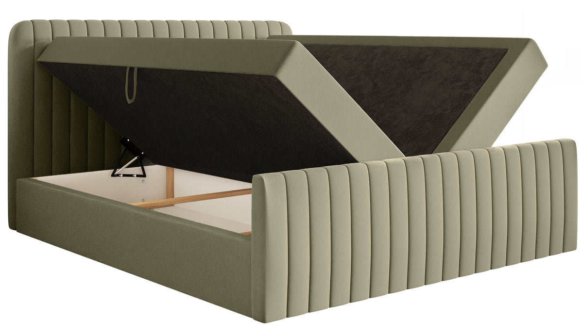 Lit continental 160x200 cm Saliano avec rangements et surmatelas en chenille hydrofuge olive