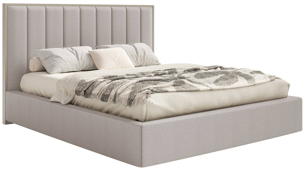 Lit tapissé 140x200 cm Togents avec éclairage LED, tissu chenille hydrofuge gris-beige