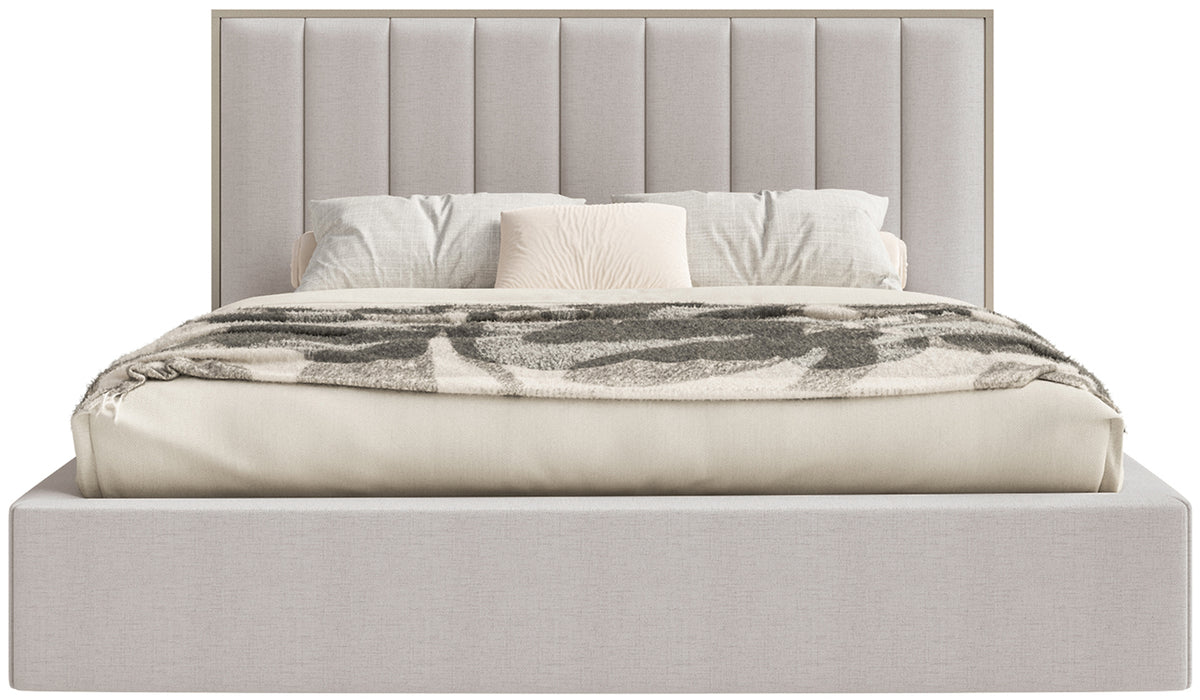 Lit tapissé 140x200 cm Togents avec éclairage LED, tissu chenille hydrofuge gris-beige