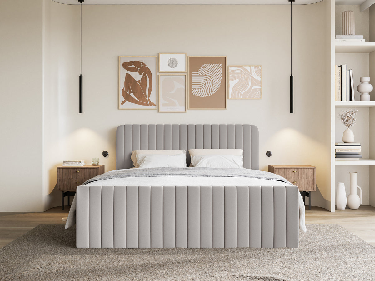 Kontinentalbett 160x200 cm Saliano mit Stauraum und Topper, grau-beige Chenille, hydrophob
