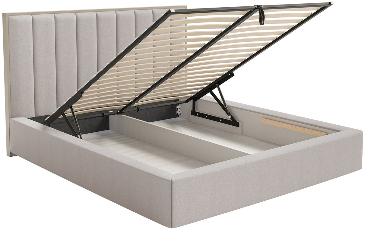 Polsterbett 140x200 cm Togents mit Stauraum und LED-Beleuchtung, Metallrahmen, grau-beiges hydrophobes Chenille