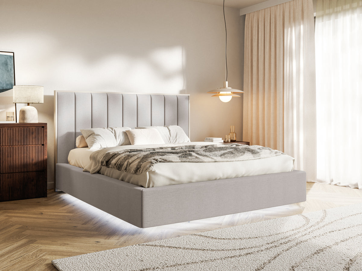Lit tapissé 140x200 cm Togents avec éclairage LED, tissu chenille hydrofuge gris-beige