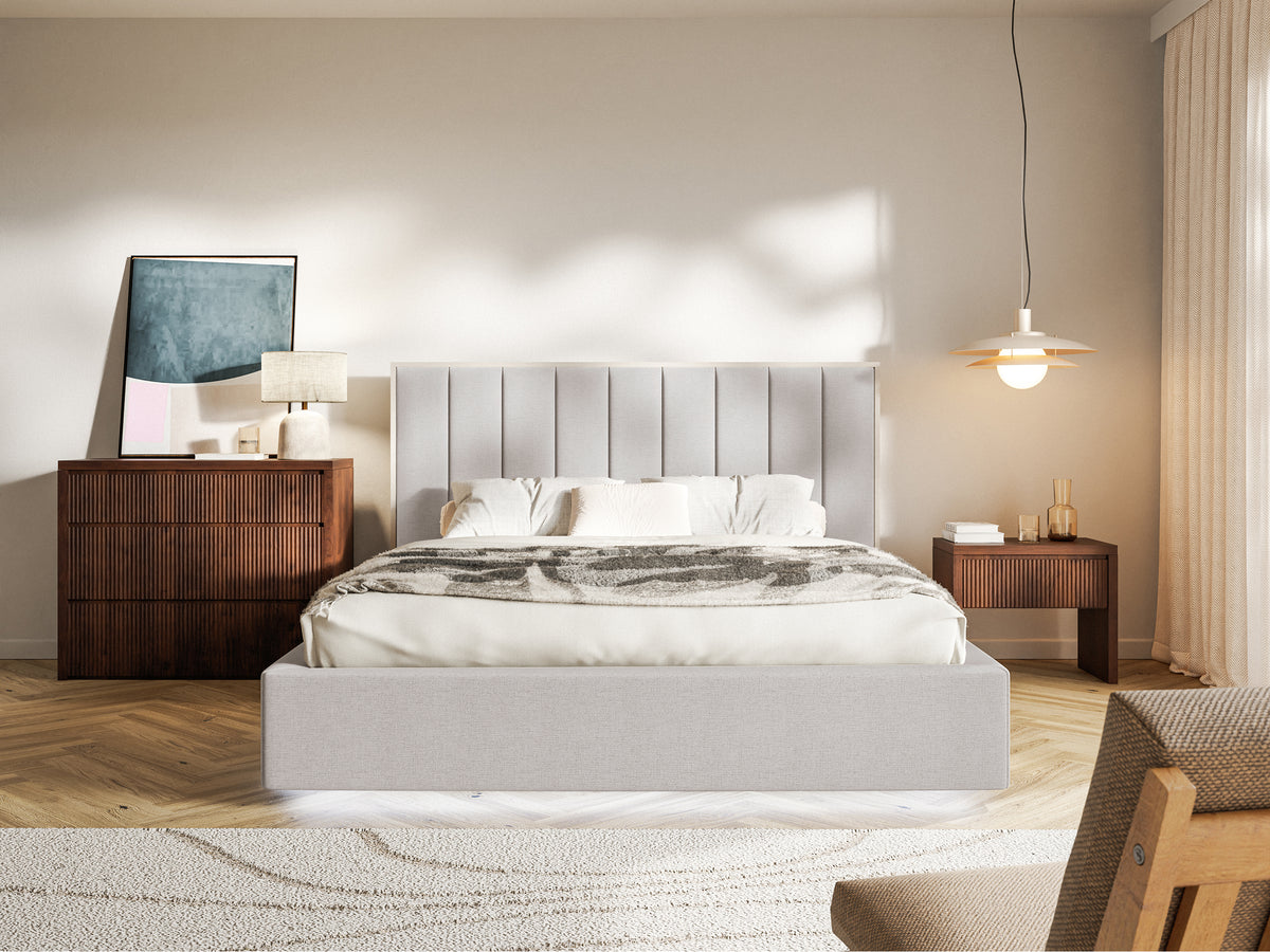 Lit tapissé 140x200 cm Togents avec éclairage LED, tissu chenille hydrofuge gris-beige