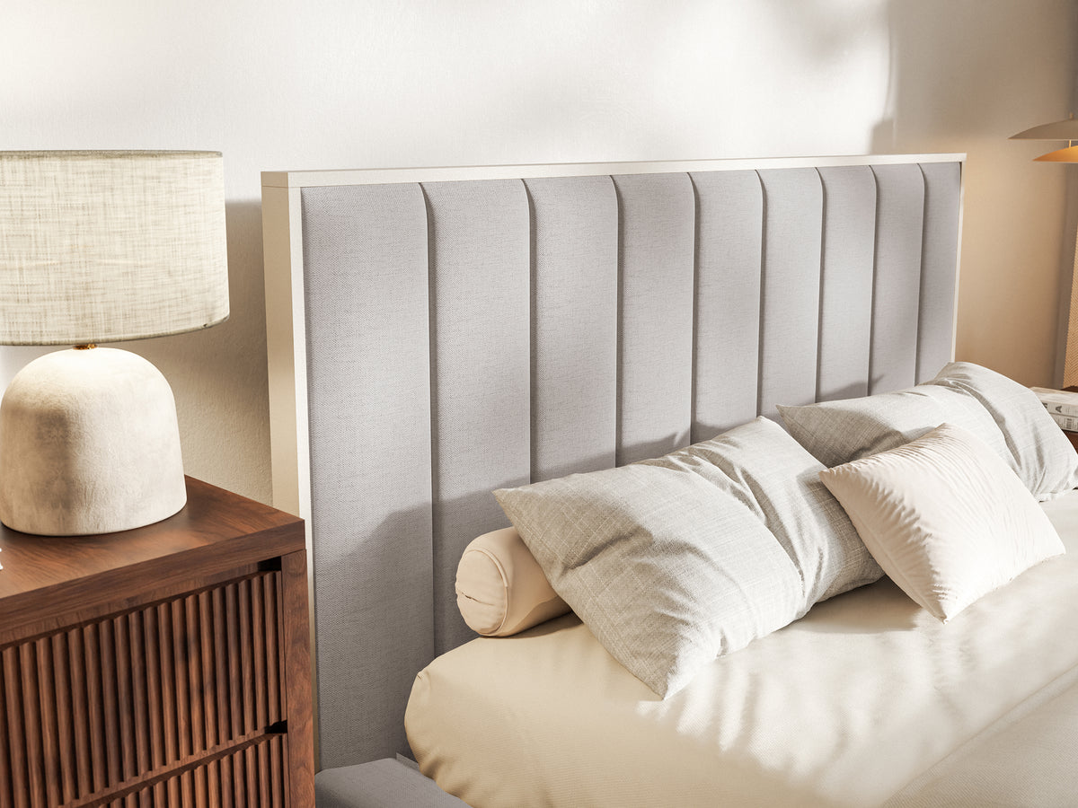 Lit tapissé 140x200 cm Togents avec éclairage LED, tissu chenille hydrofuge gris-beige
