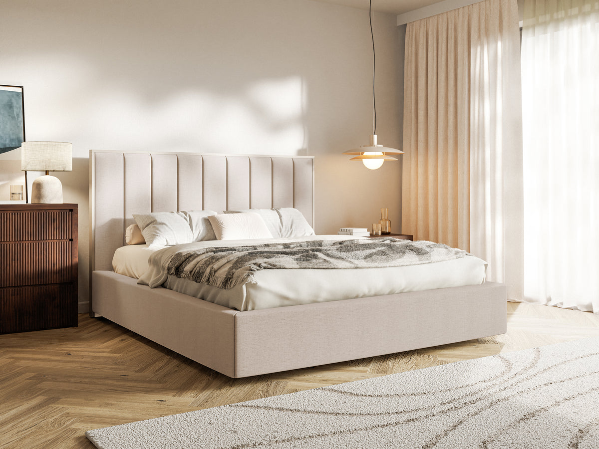 Lit tapissé 180x200 cm Togents avec rangement, cadre métallique, tissu chenille hydrofuge beige