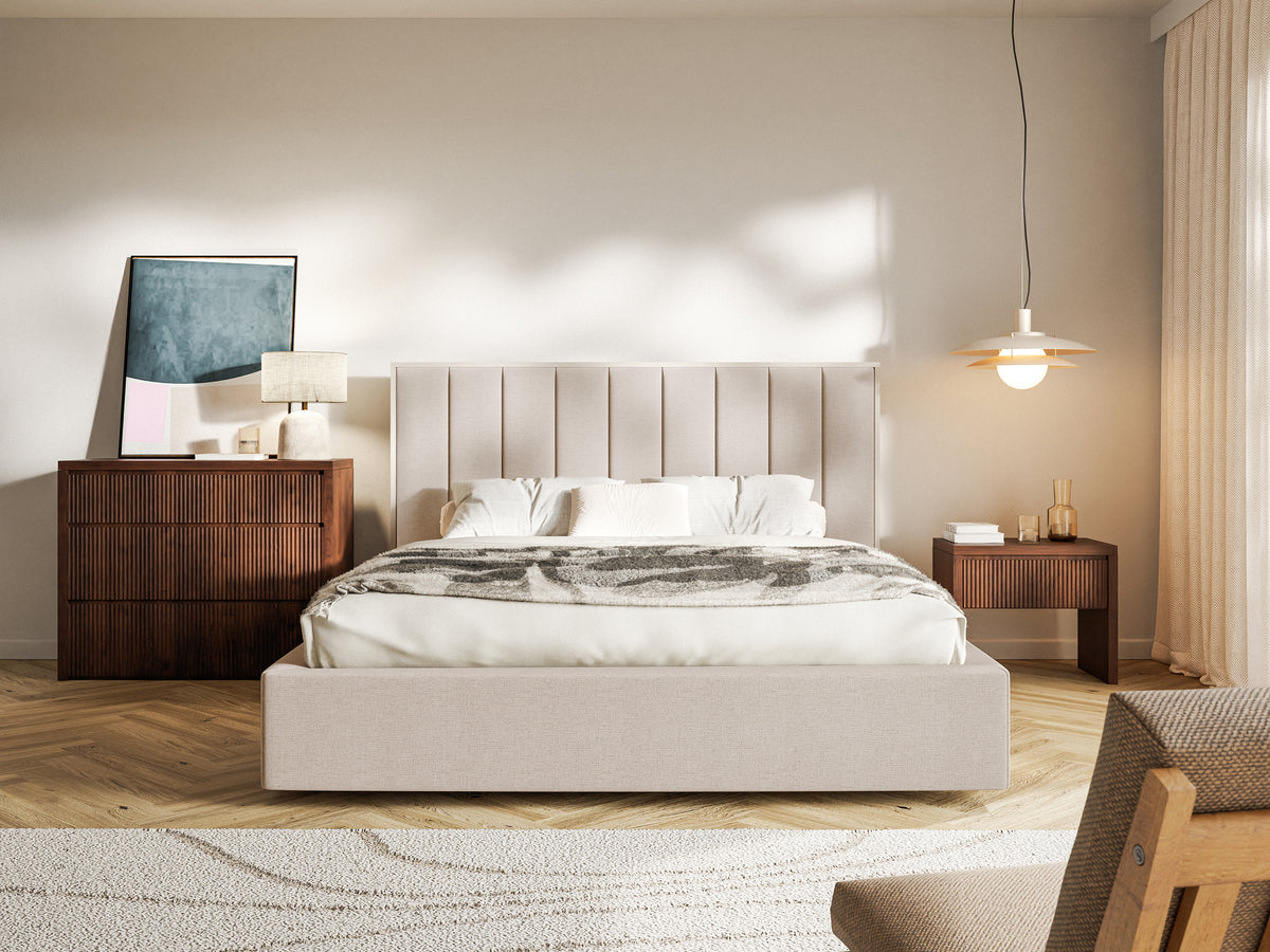 Lit tapissé 180x200 cm Togents avec rangement, cadre métallique, tissu chenille hydrofuge beige