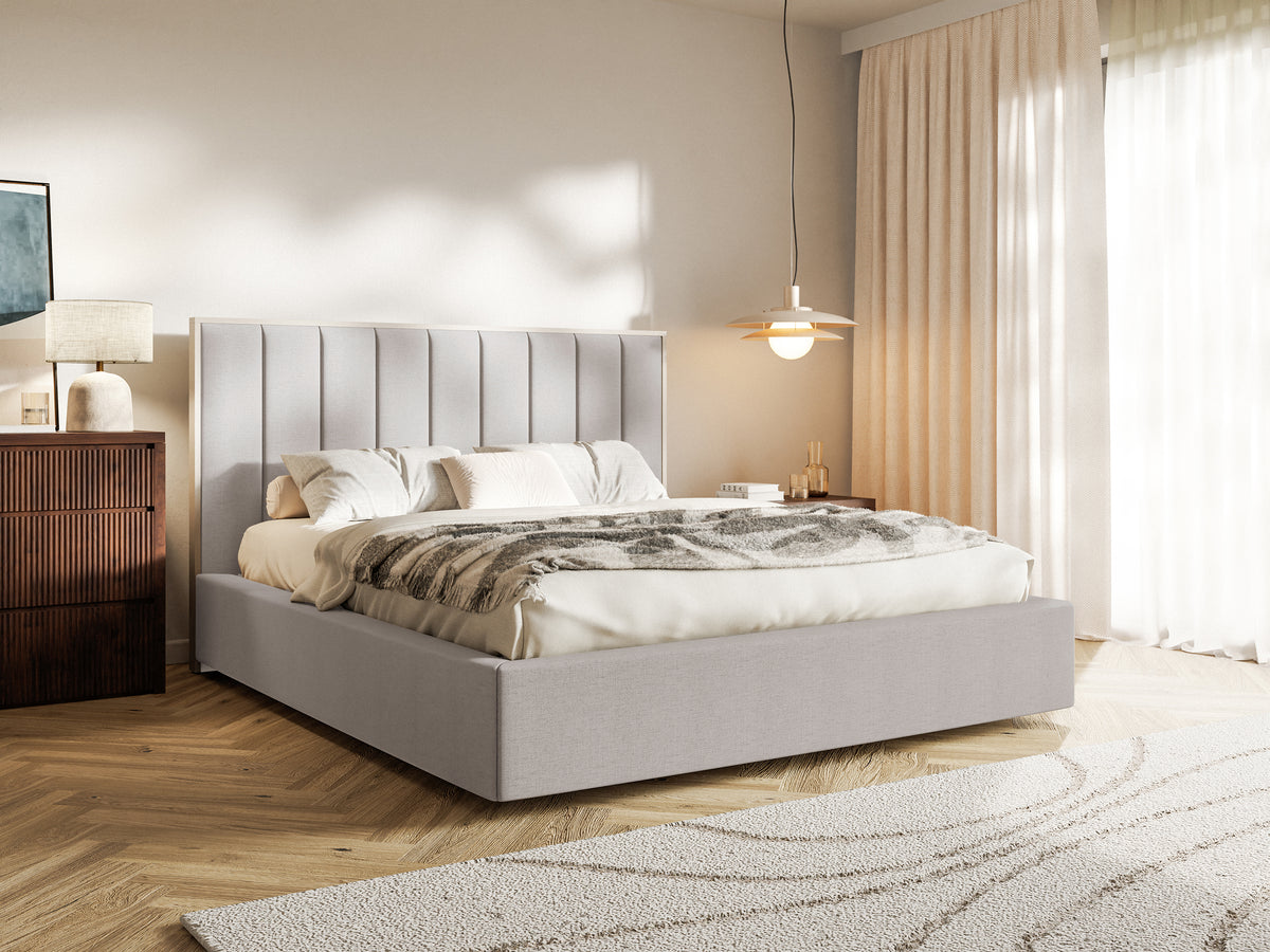 Polsterbett 140x200 cm Togents mit Stauraum, Metallrahmen, hellbeiges hydrophobes Chenille