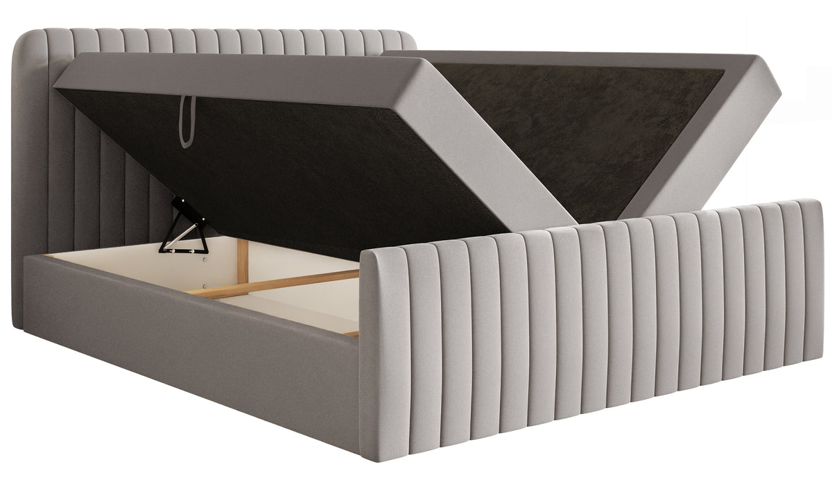 Kontinentalbett 160x200 cm Saliano mit Stauraum und Topper, grau-beige Chenille, hydrophob