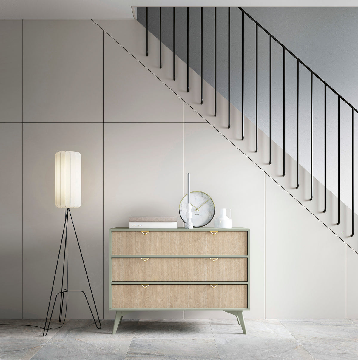 Commode Favoria avec tiroirs 106 cm eucalyptus/chevron scandi avec poignées dorées