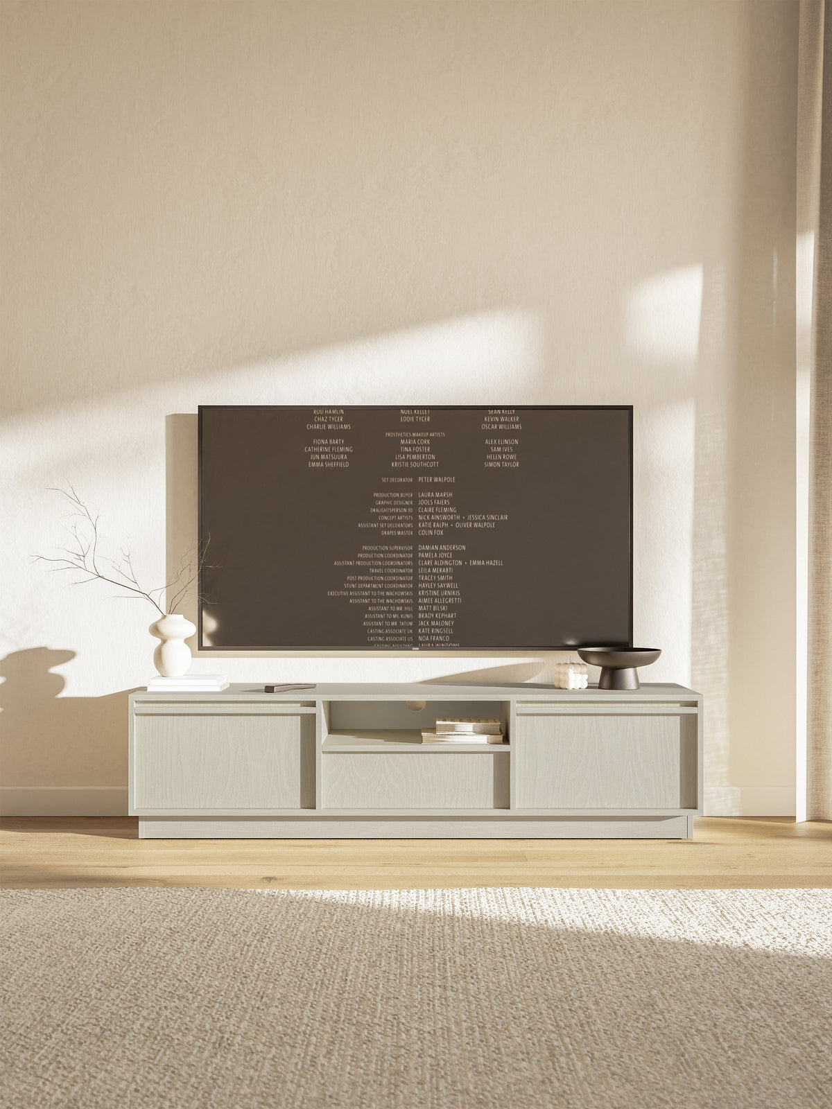 Meuble TV deux portes Evo avec tiroir 154 cm beige sable sur socle