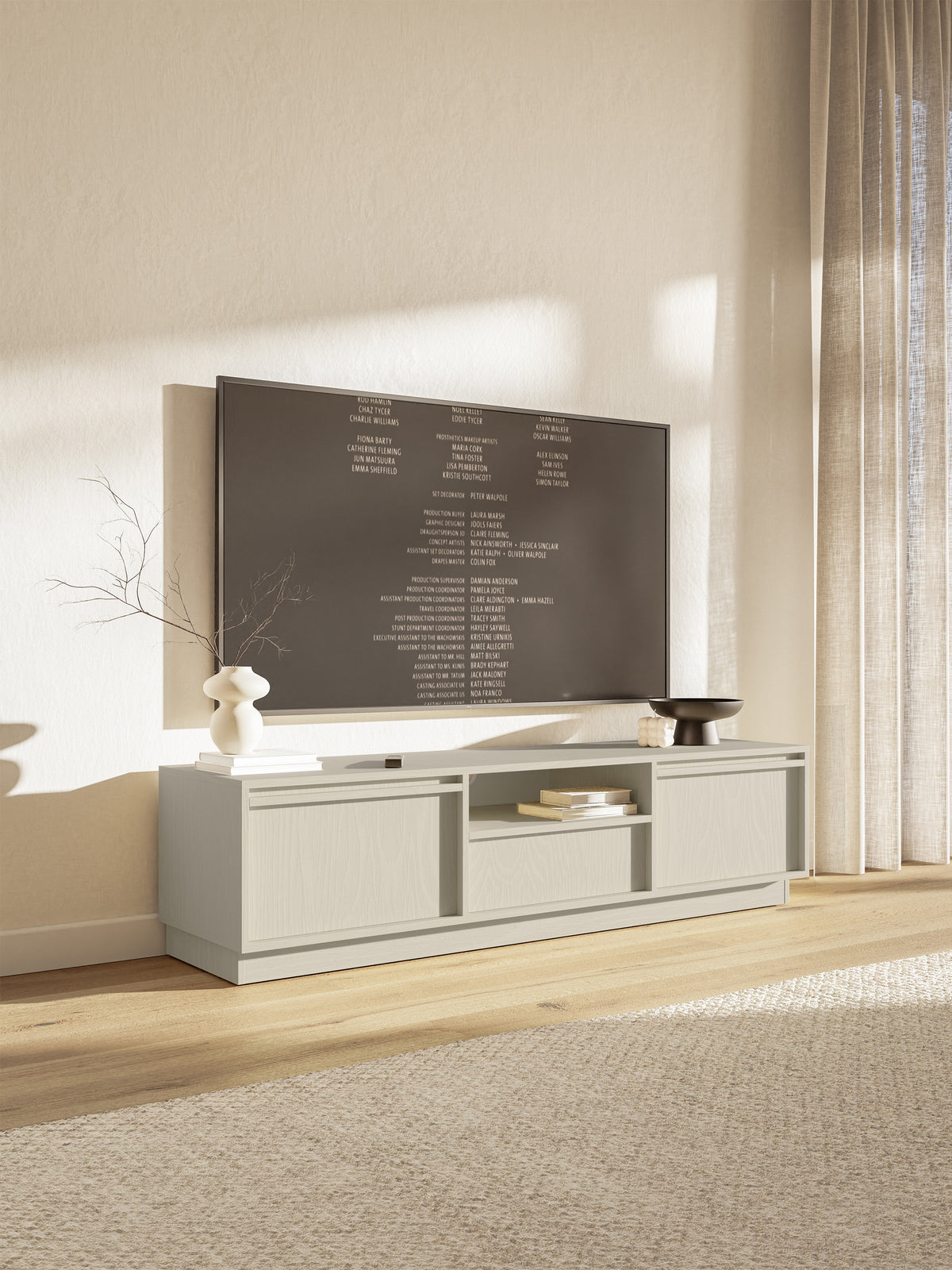 Meuble TV deux portes Evo avec tiroir 154 cm beige sable sur socle