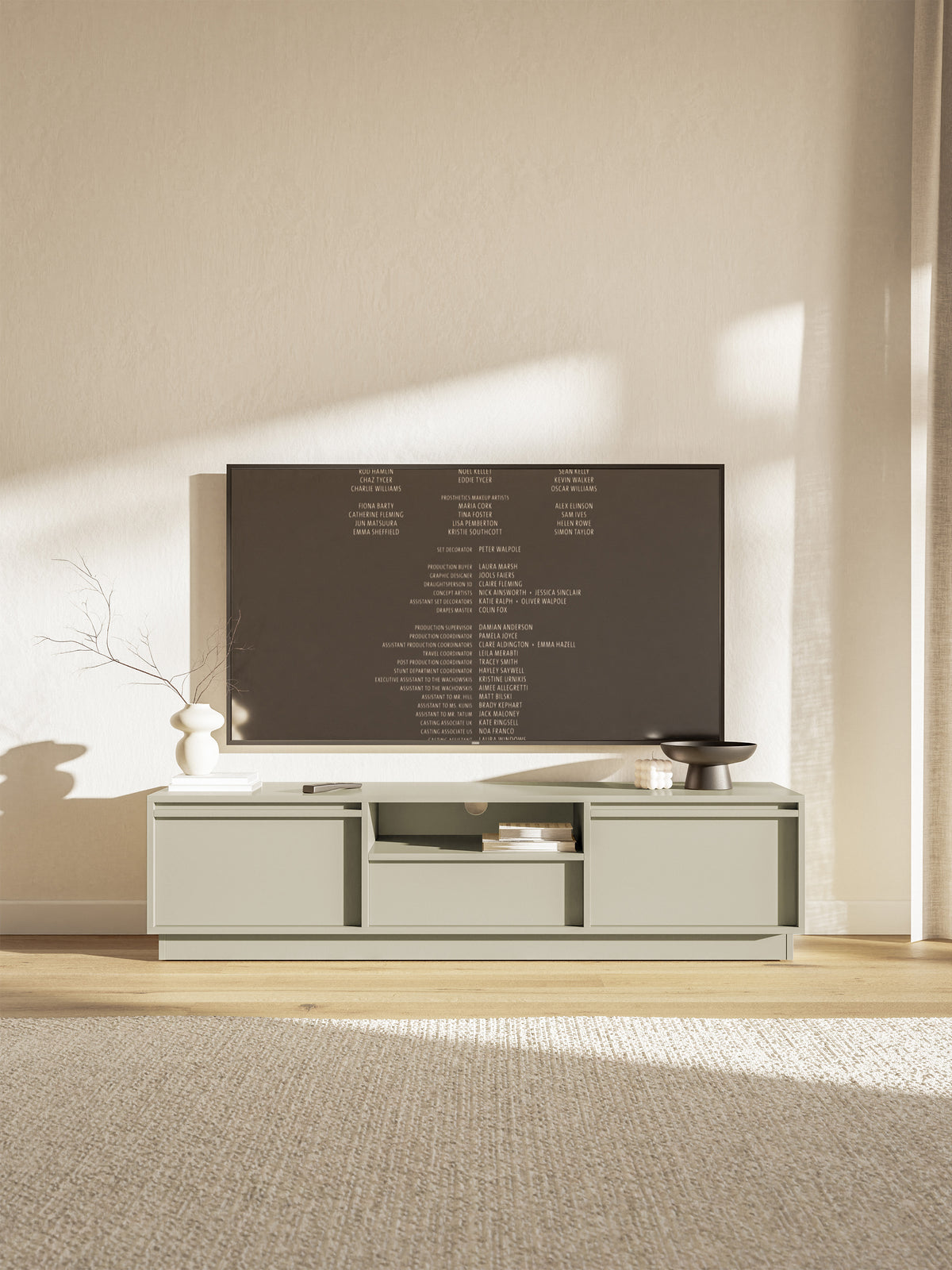 Meuble TV 2 portes Evo avec tiroir 154 cm cachemire sur socle
