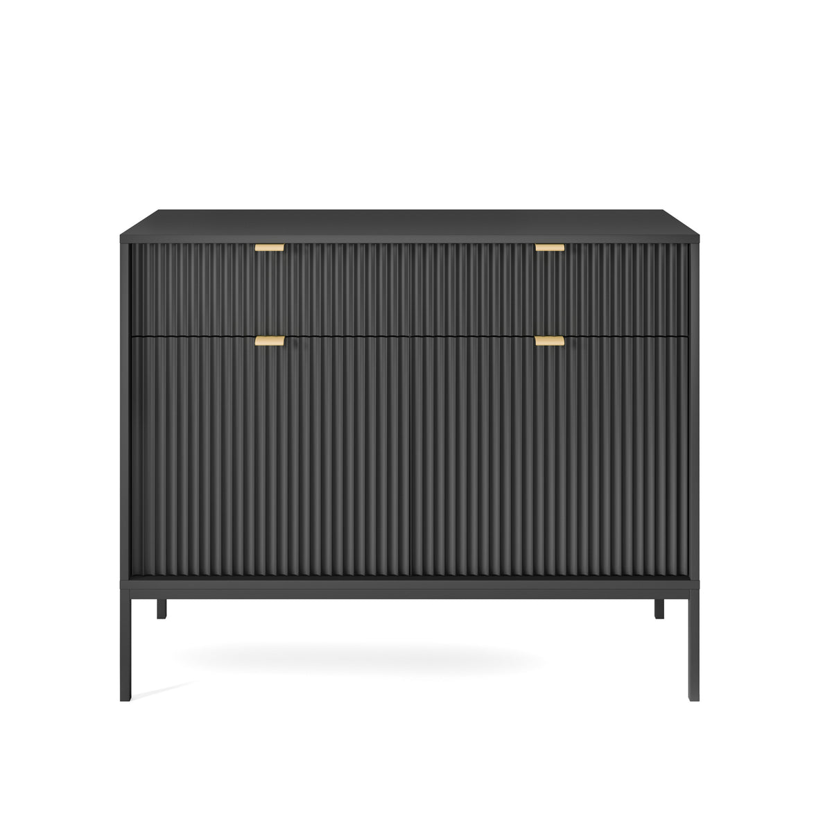Commode 2 portes Vellore 104 cm noire avec façades rainurées et poignées dorées