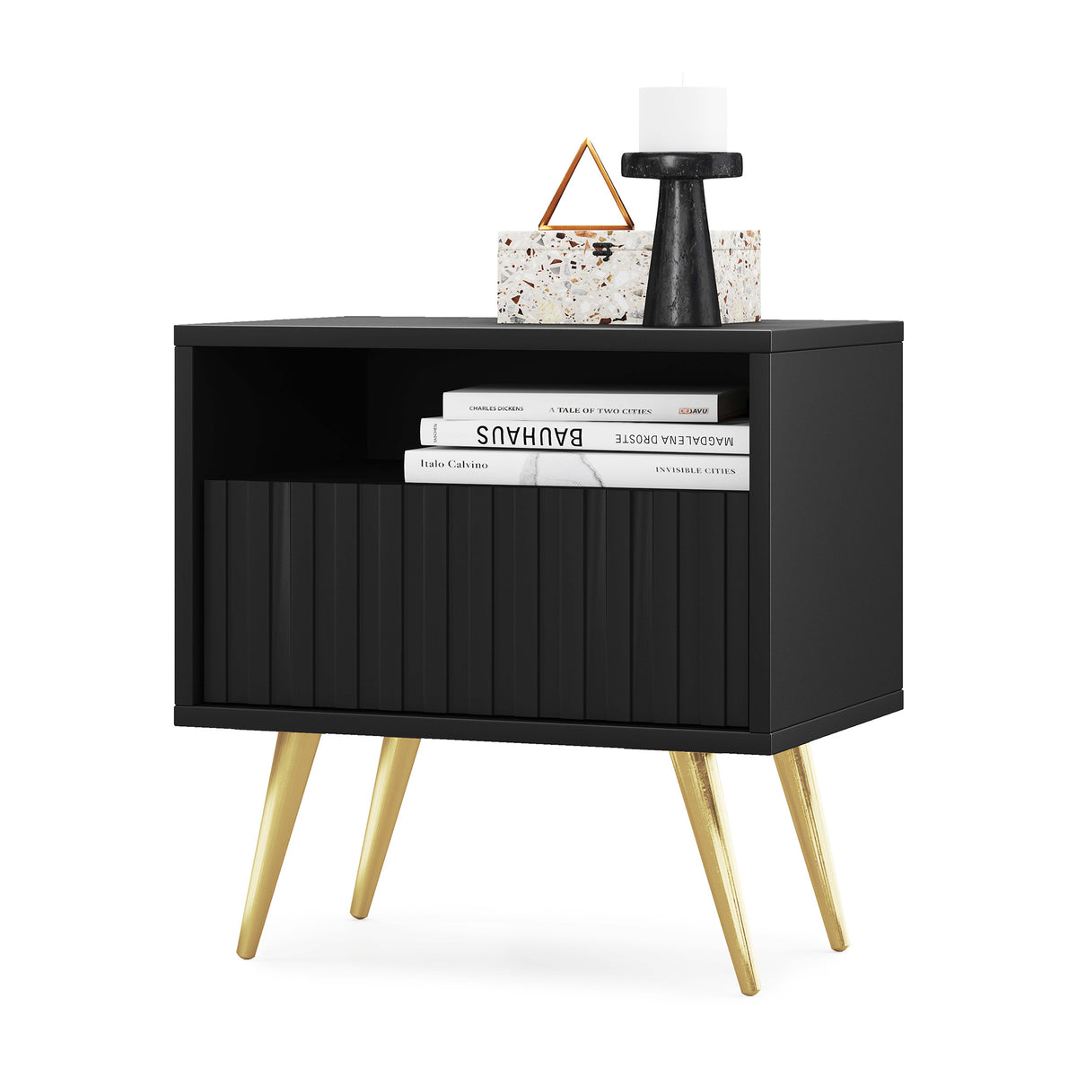 Table de chevet Bello avec tiroir à façade lamellée noire avec pieds dorés