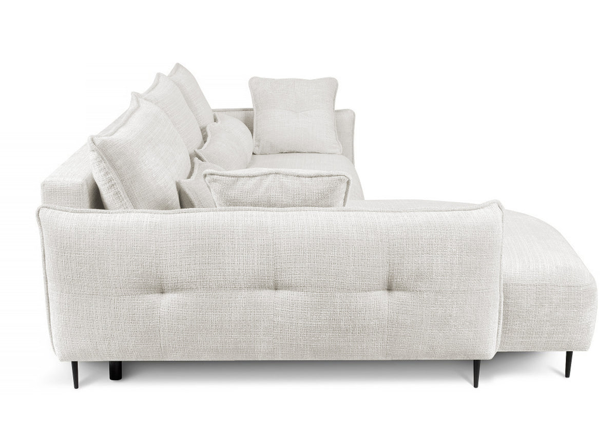 Canapé d'angle Oblivio avec fonction couchage, forme en L, avec coffre de rangement, tissu chenille crème, version gauche