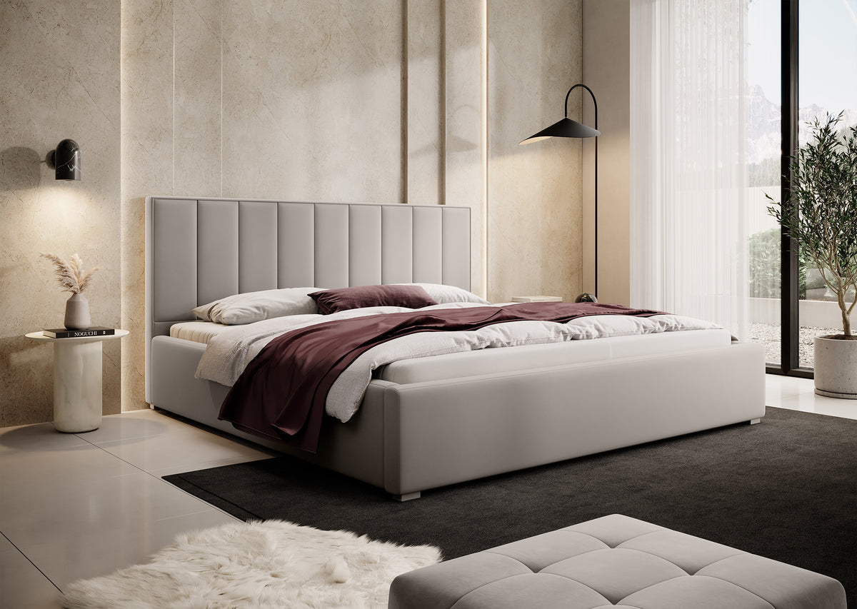Lit tapissé 140x200 cm Rinus avec rangement gris beige en tissu hydrofuge
