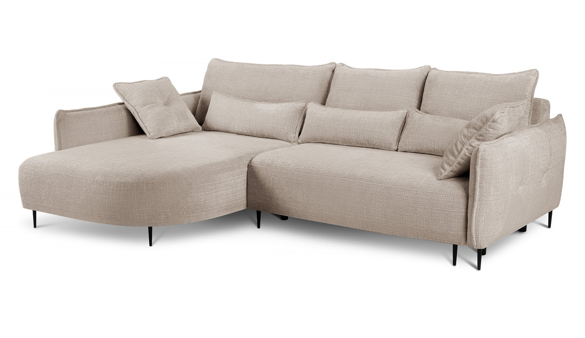 Canapé d'angle Oblivio avec fonction couchage, forme en L, rangement, tissu chenille beige clair, côté gauche