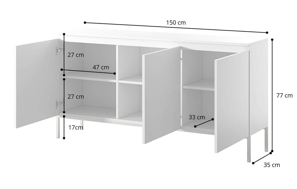 Commode trois portes Bemmi 150 cm blanche avec pieds dorés