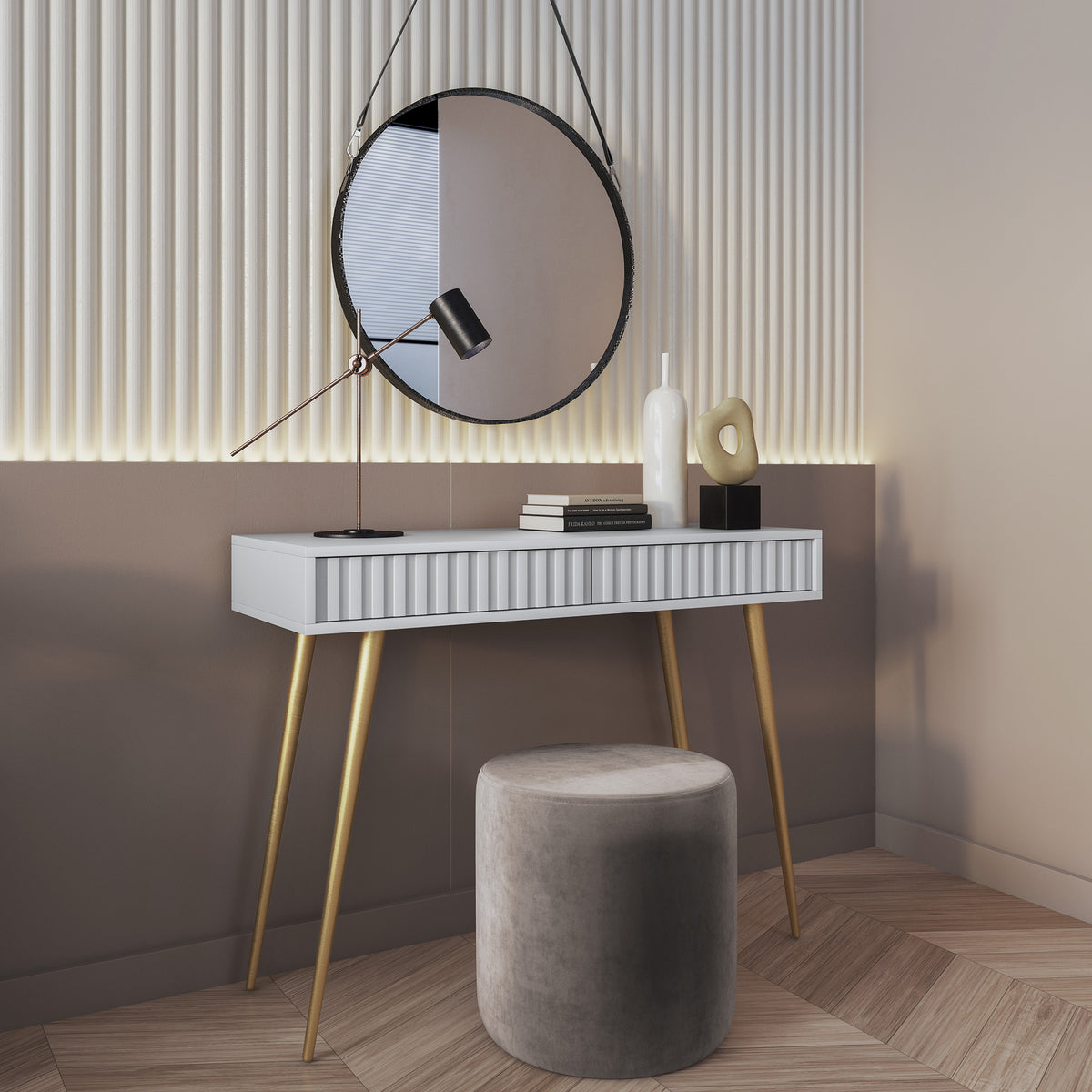 Coiffeuse Bello 104 cm blanche avec pieds dorés