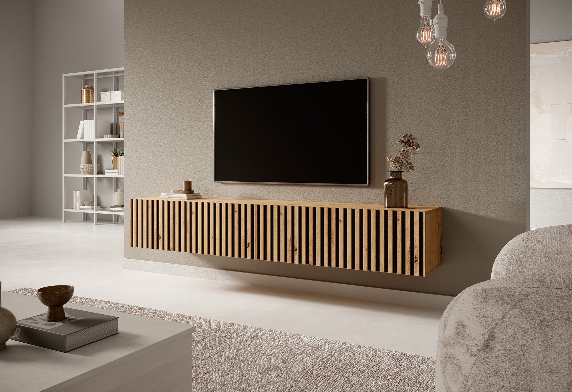 Meuble TV Telire 175 cm chêne Artisan lattes avec inserts noirs
