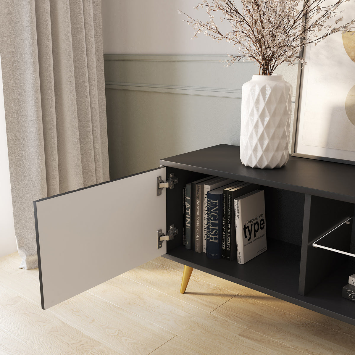 Meuble TV Bello avec façades lamellées 135 cm noir avec pieds dorés