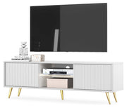 Meuble TV Bello 135 cm blanc avec portes à lamelles et pieds dorés