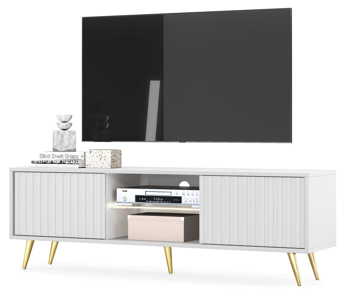 Meuble TV Bello 135 cm blanc avec portes à lamelles et pieds dorés