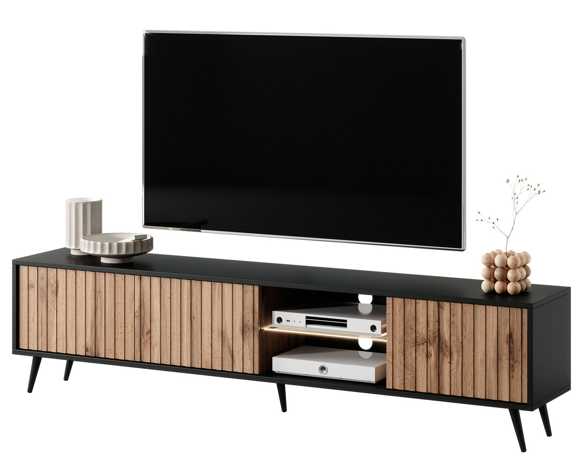 Meuble TV Bello avec façades à lames 175 cm noir/chêne Wotan avec LED