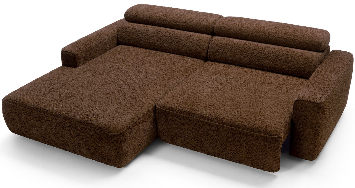 Canapé d'angle Fando avec assise électrique coulissante, forme en L, côté gauche, tissu chenille marron