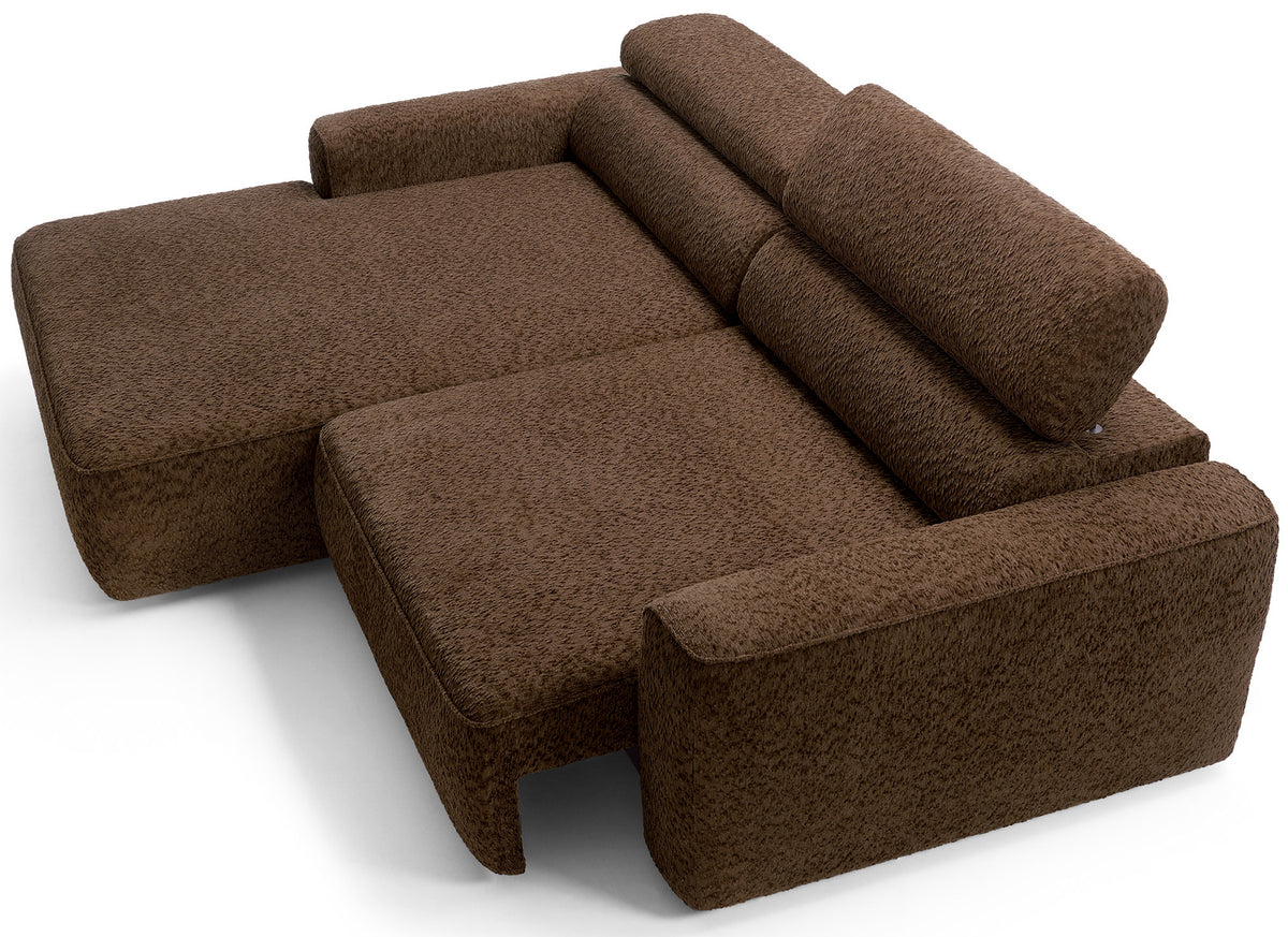 Canapé d'angle Fando avec assise électrique coulissante, forme en L, côté gauche, tissu chenille marron
