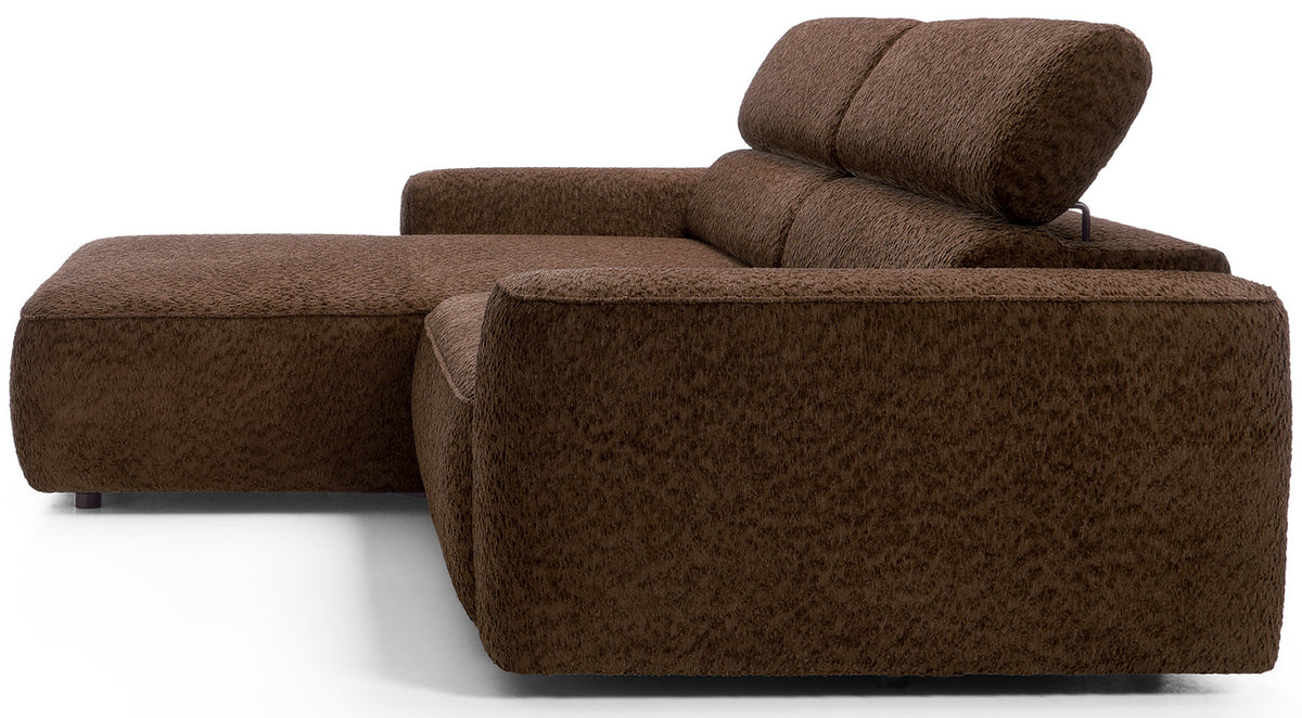 Canapé d'angle Fando avec assise électrique coulissante, forme en L, côté gauche, tissu chenille marron