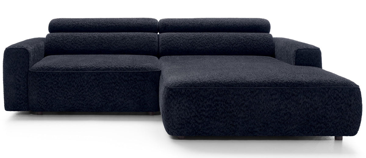 Canapé d'angle Fando avec assise électrique extensible, forme en L, droit, en tissu chenille bleu marine