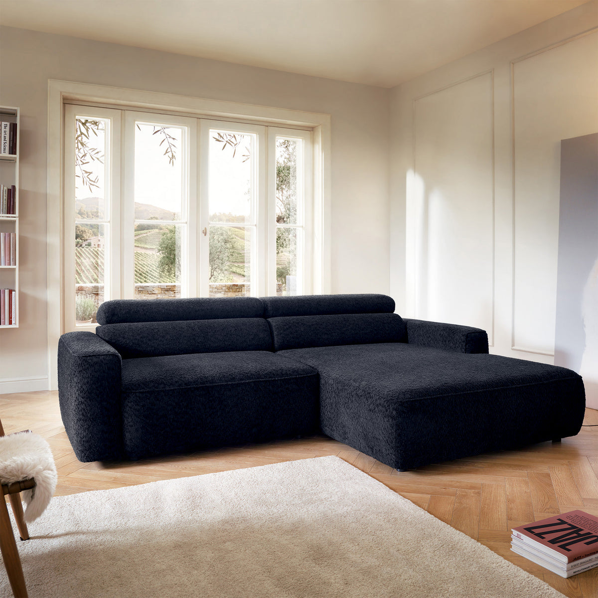 Canapé d'angle Fando avec assise électrique extensible, forme en L, droit, en tissu chenille bleu marine