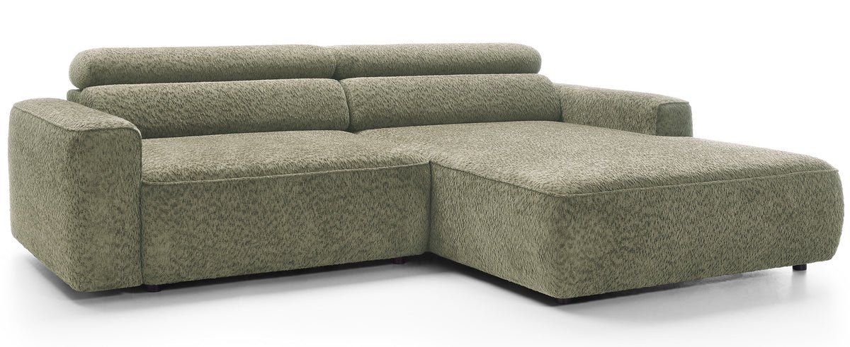 Ecksofa Fando mit elektrisch ausziehbarem Sitz, L-förmig, rechtsseitig, salbeigrüner Chenille-Stoff