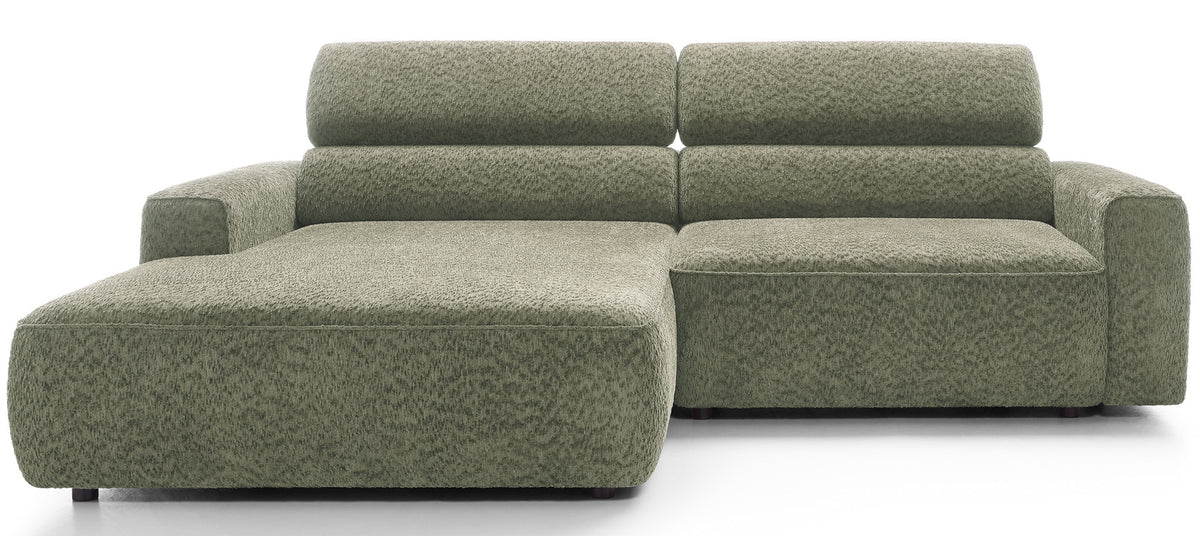 Ecksofa Fando mit elektrisch ausziehbarer Sitzfläche, L-förmig, linksseitig, salbeigrüner Chenillestoff