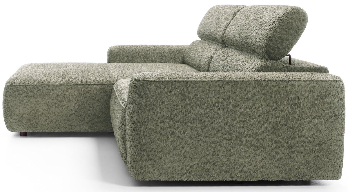 Ecksofa Fando mit elektrisch ausziehbarer Sitzfläche, L-förmig, linksseitig, salbeigrüner Chenillestoff